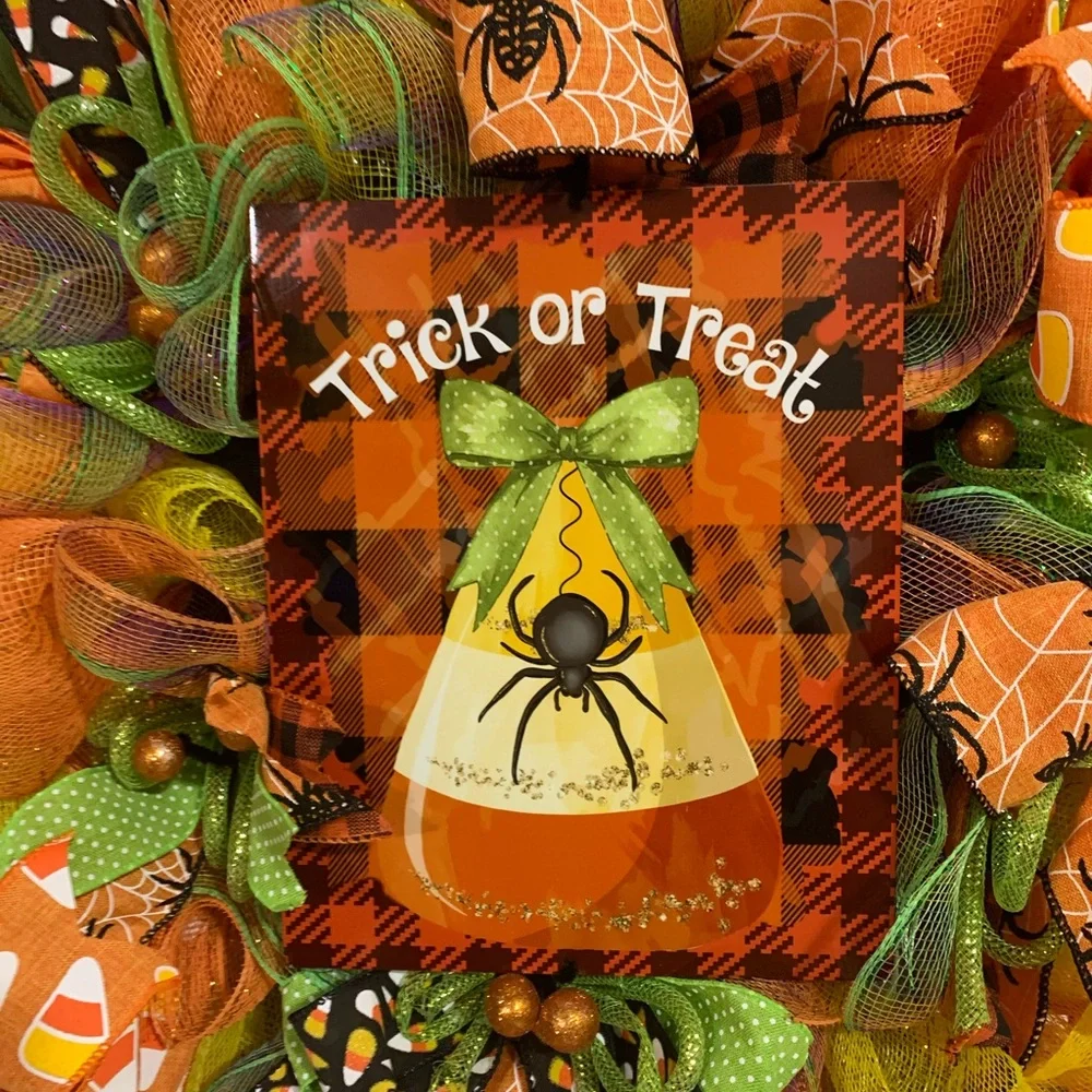 Hand Crafted Trick or Treat Wreath - Orange, Green, Black